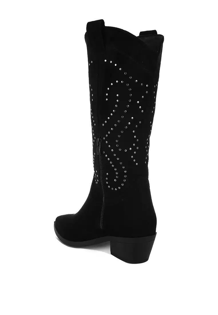 Studs Embellished Cowboy Boots in Black