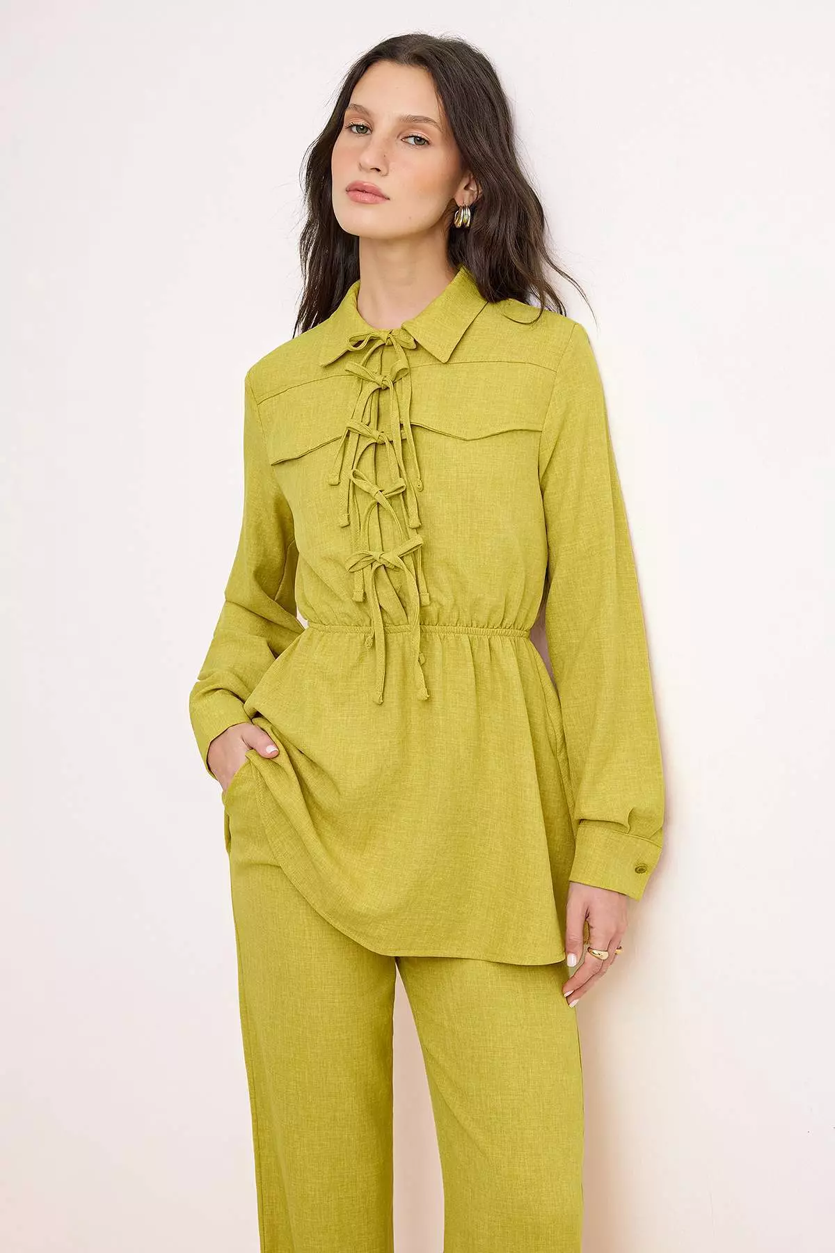 Oil Green Linen Look Tunic Pants Bottom With Tie Detail - Top Set Tctss26Us00032