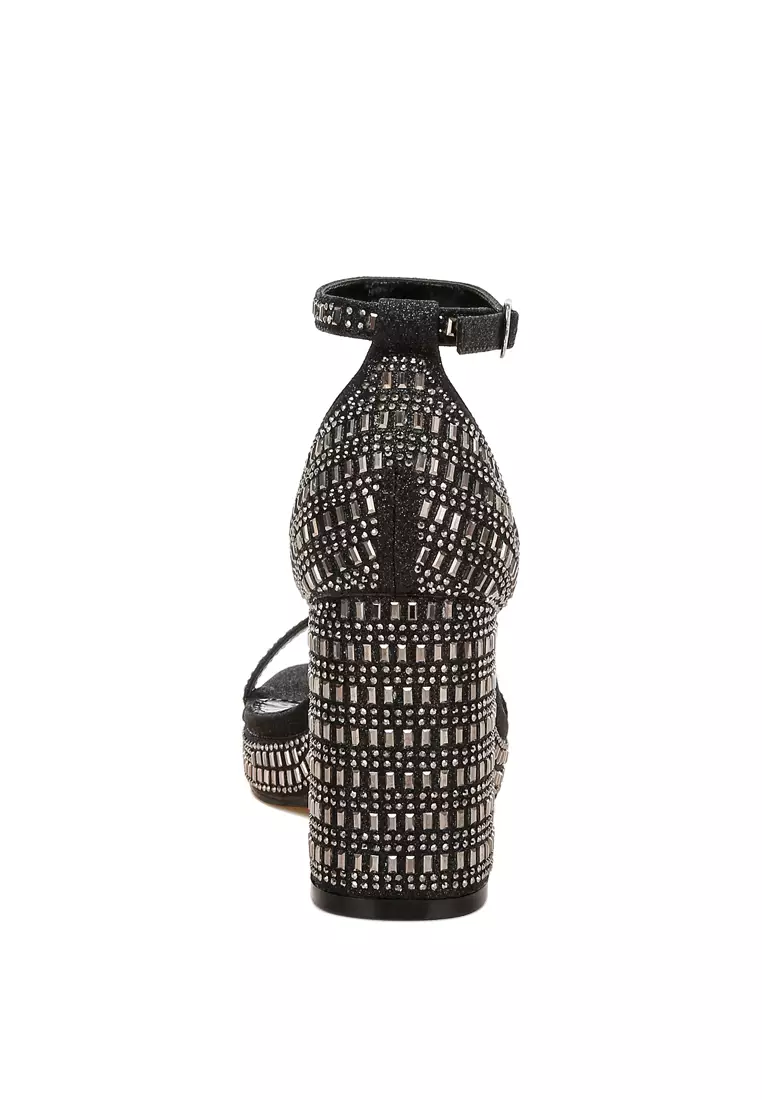 Sandal Blok Berhias Berlian Imitasi Warna Hitam