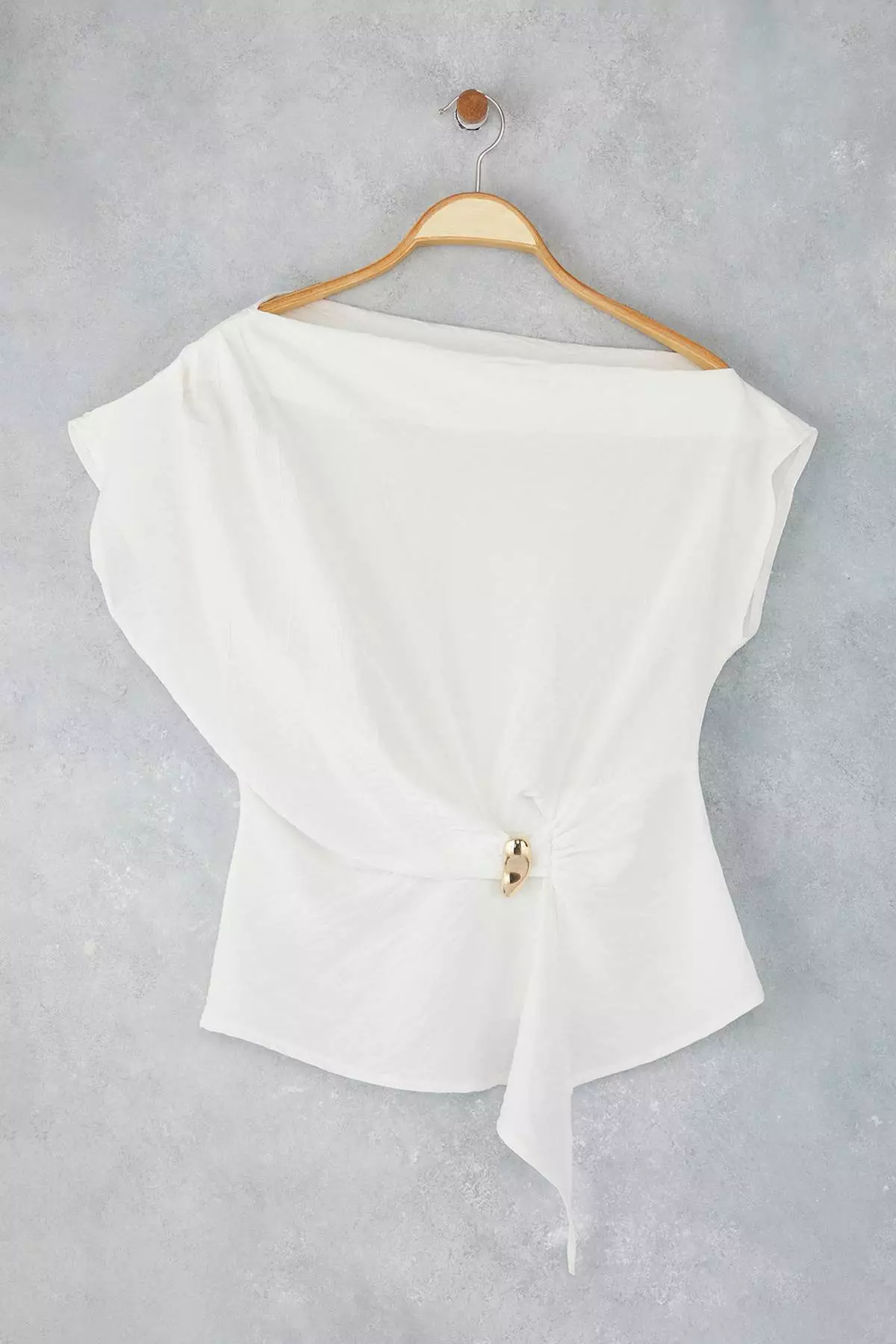 Ecru Boat Neck Fitted Buckle Detailed Blouse