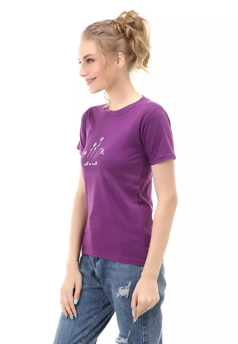 Genevie T-Shirt Kaos Kasual Wanita All Is Well Short Sleeve Material Cotton Combed ORIGINAL - Purple