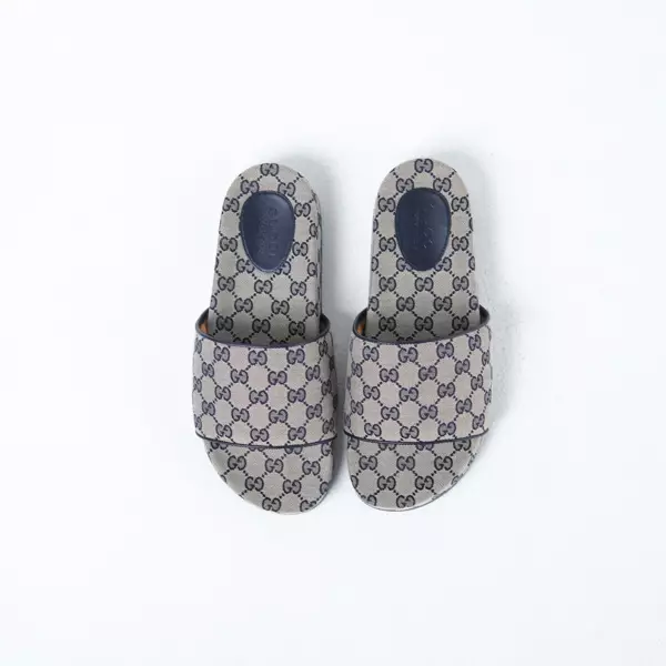 Sandal GUCCI GG EBONY MONOGRAM NAVY BEIGE SLIDE 100% ORIGINAL