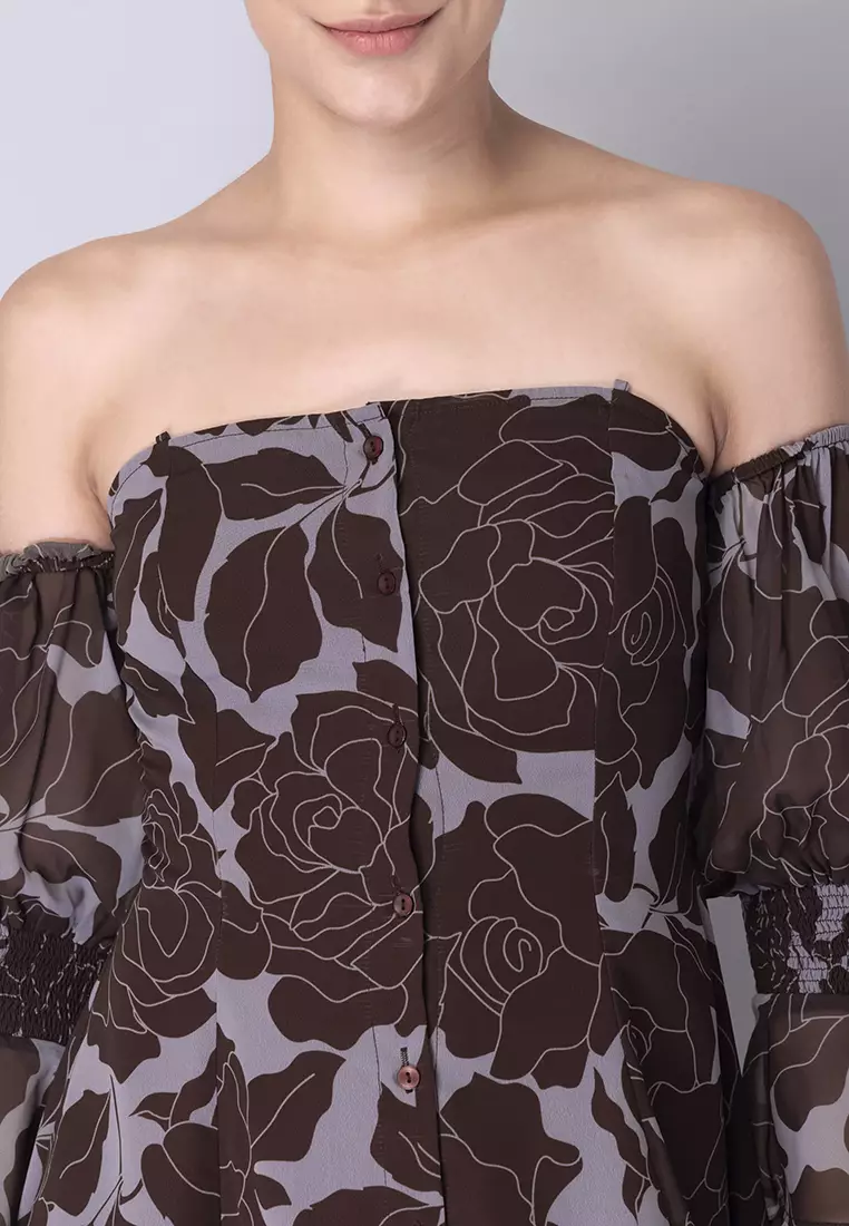 Brown Floral Off Shoulder Buttoned Dress