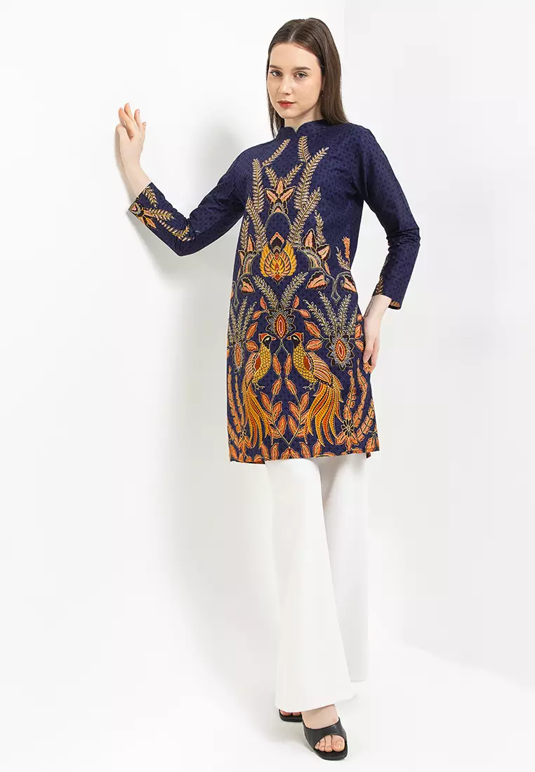 Tunik Muslim Atasan Wanita Batik Katun Premium Visilia Raya Lengan Panjang Blue