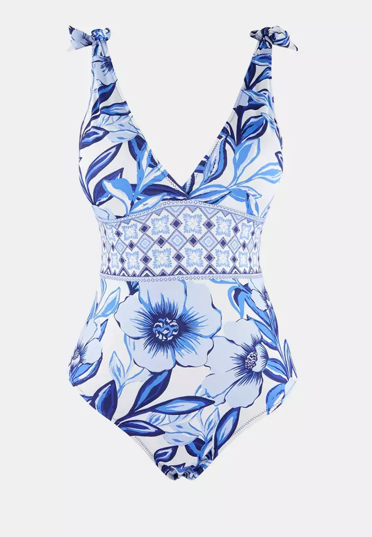 Floral Pattern Covered Deep V-Neck Regular 2-Piece Suit Skirt Swimsuit Tbess26Ma32