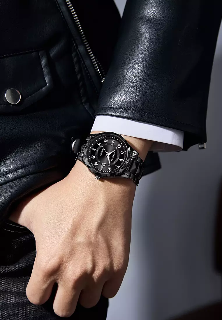 Jam Tangan Pria 3268-2 Bercahaya Kalender Kasual Jam Tangan Cowok Kuarsa Original allblack