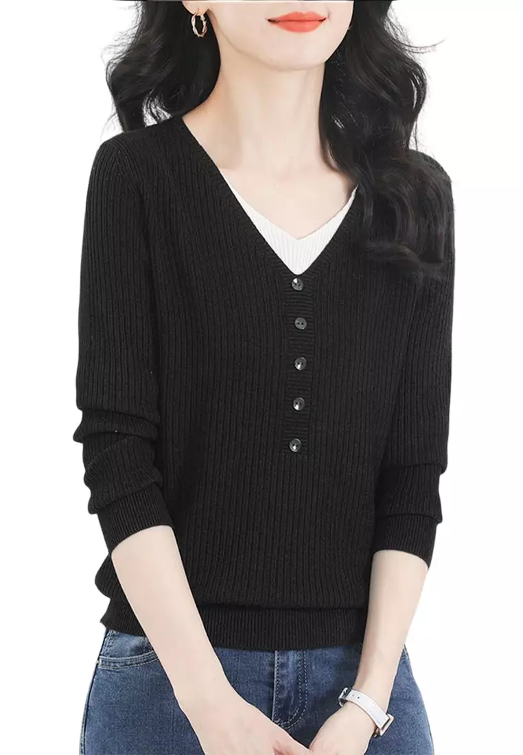 A IN GIRLS Fake Two Piece Paneled V Neck Long Sleeve Sweater 2024