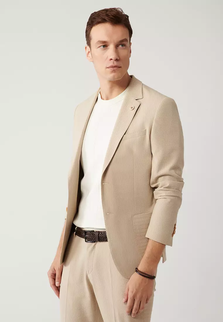 Men's Beige Slit Unlined Flexible Fabric Jacket A41Y4000