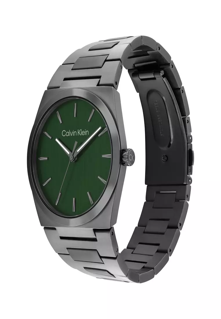Men's Gray Stainless Steel Deep Green Dial Quartz Watch - 25200545