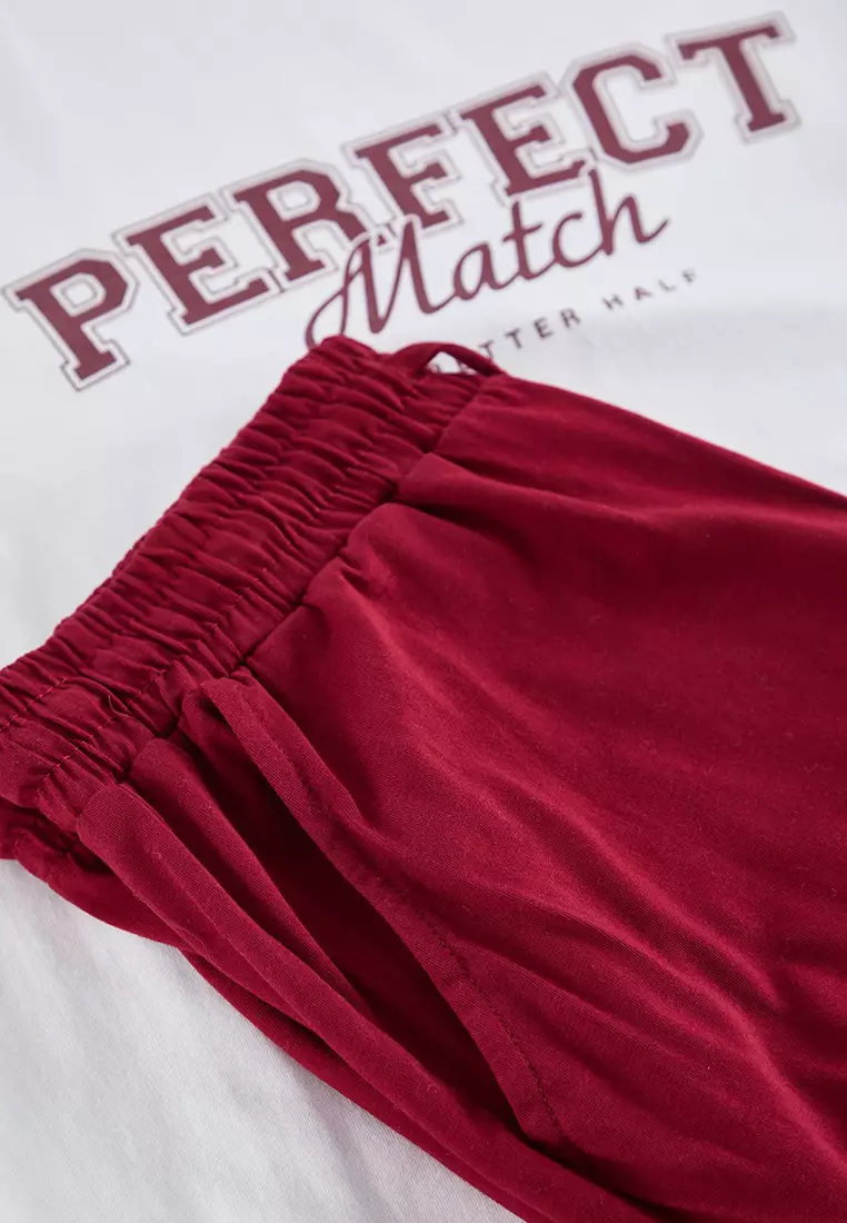 Ecru - Claret Red Regular Fit Knitted Couple 100% Cotton Pajama Set TMNAW25PT00047