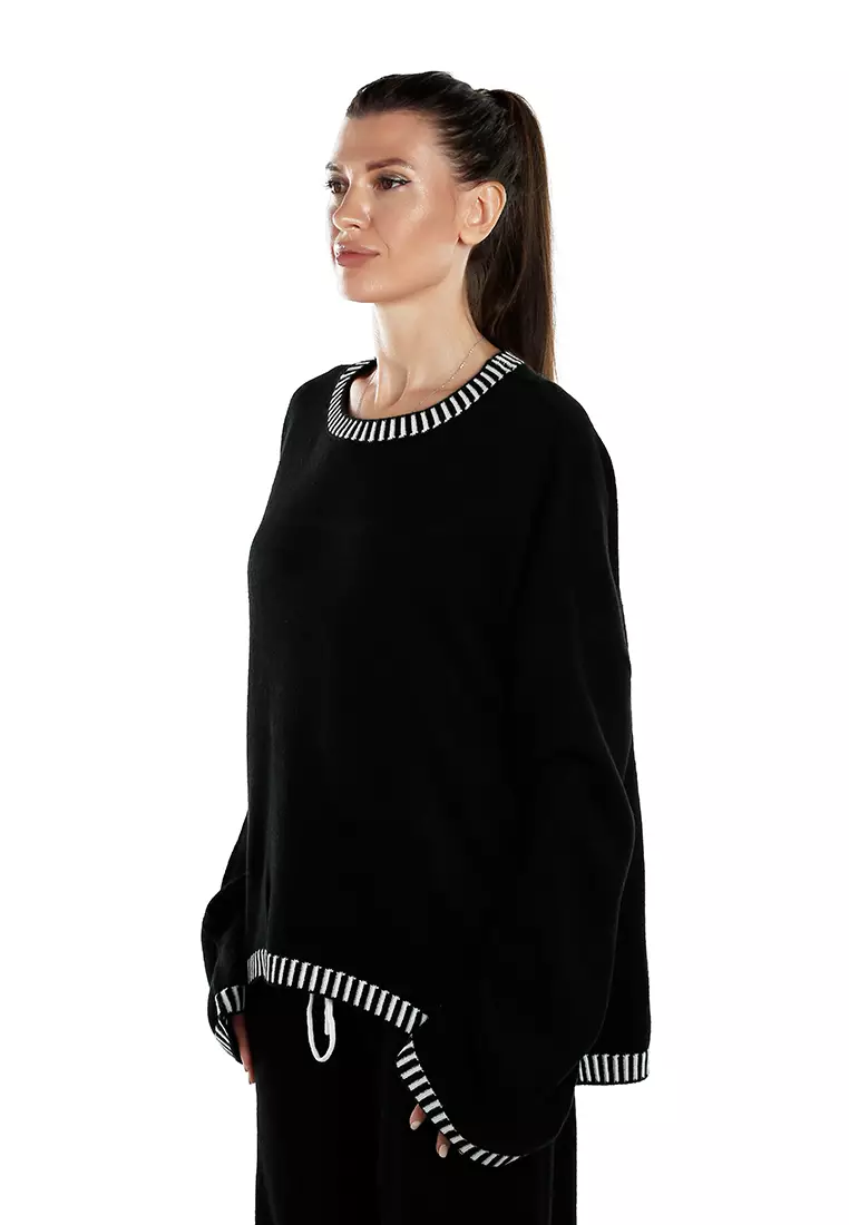 Contrast Stitch Detail Knit Sweater Jumper in Monochrome