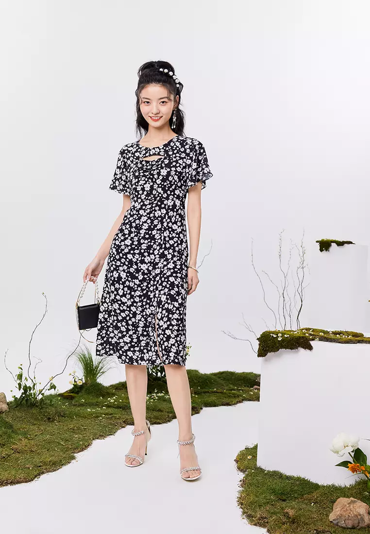 Front Slit Floral Midi Dress