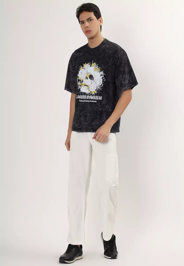 暗夜之花 黑色图案宽松短袖棉质T恤/T恤，男女通用运动服