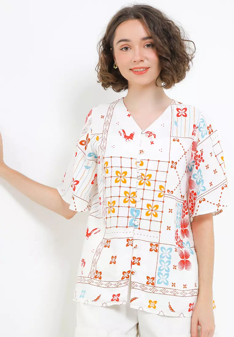 Jual Rianty Batik Blouse Atasan Wanita Katun Estrella White Red ...