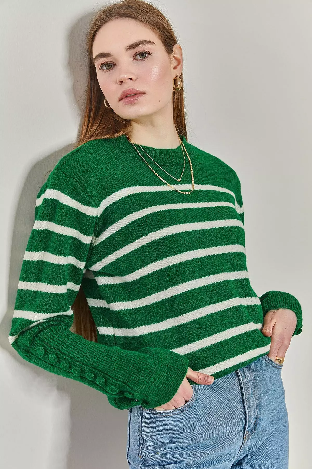 Women's Striped Knitwear Sweater With Cufflinks
