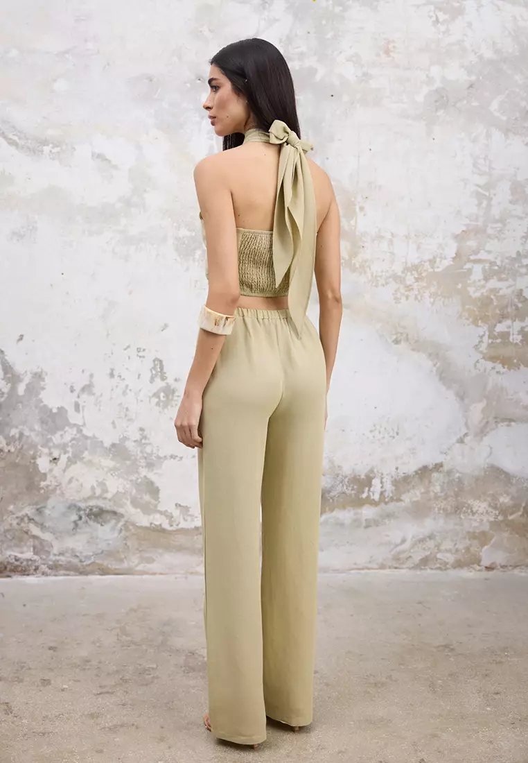Light Khaki Linen Woven Blouse Trousers Top-Bottom Set TWOSS25AU00108