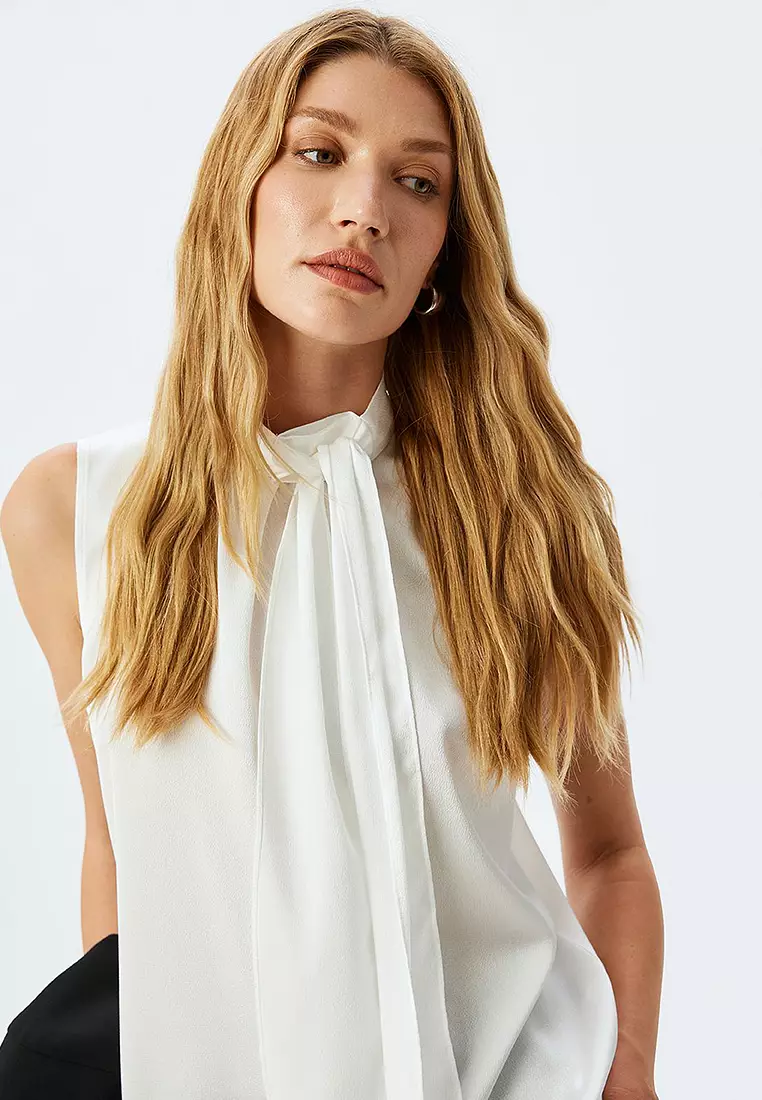 Tied Shawl Collar Sleeveless Satin Blouse