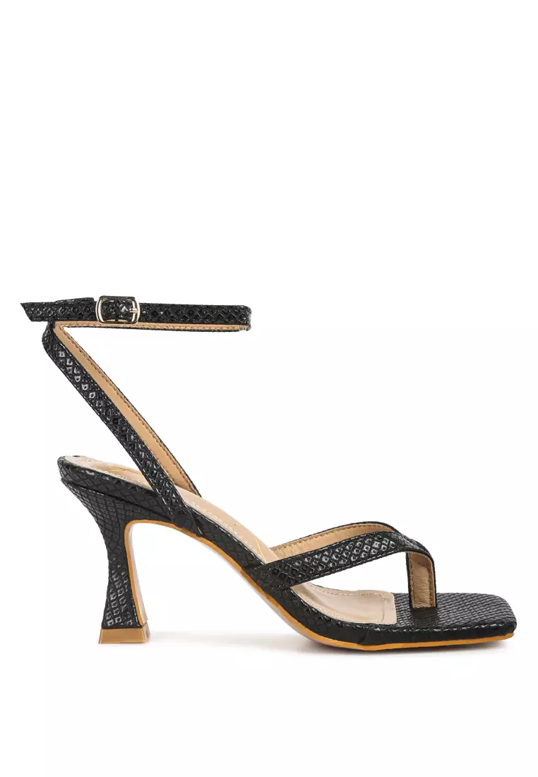 Discount on London Rag  shoes - SKU: Black Ankle Strap Spool Heel Thong Sandals