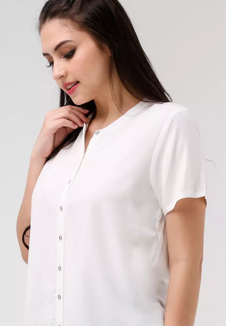 Woven Plain Rayon Short Sleeves Blouse