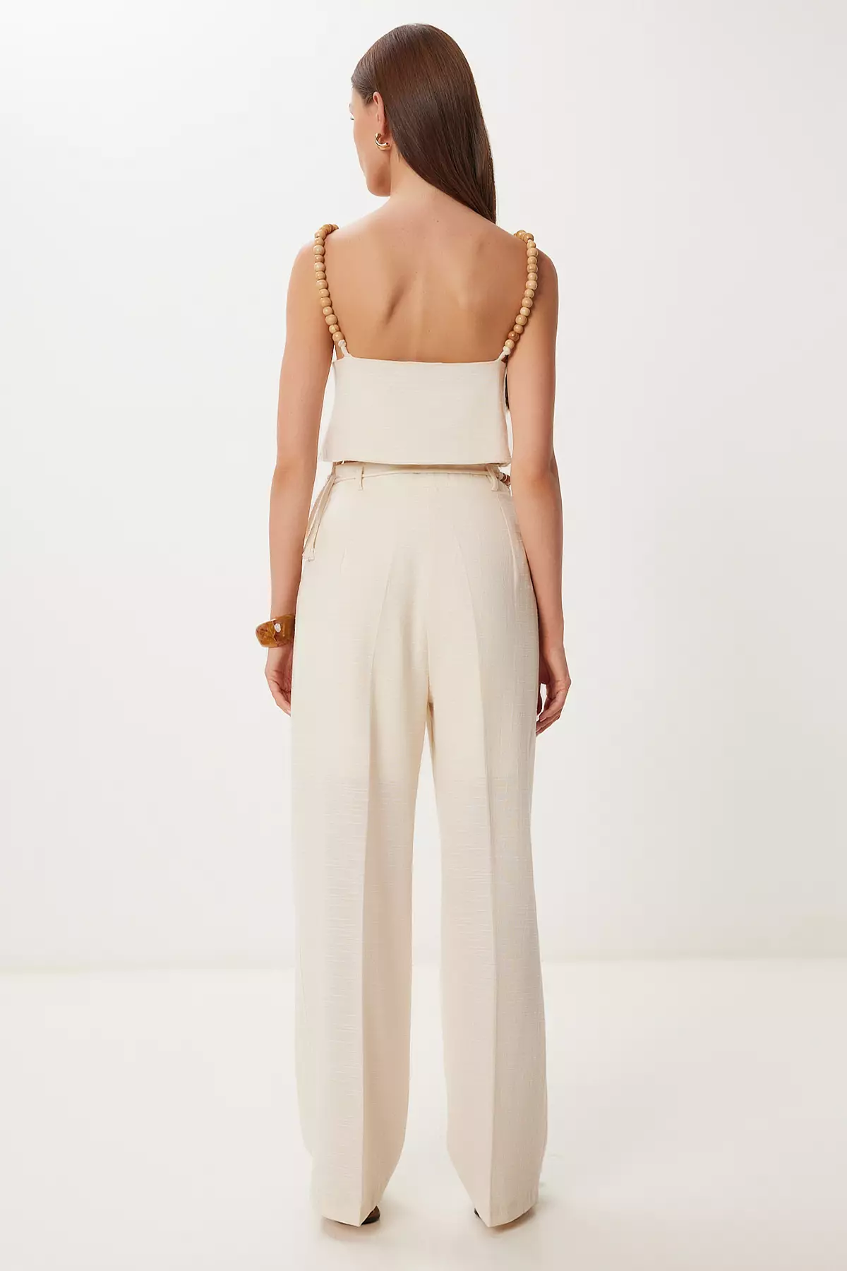 Women's Cream Bead Detail Linen Blouse Pants Suit Bv00170