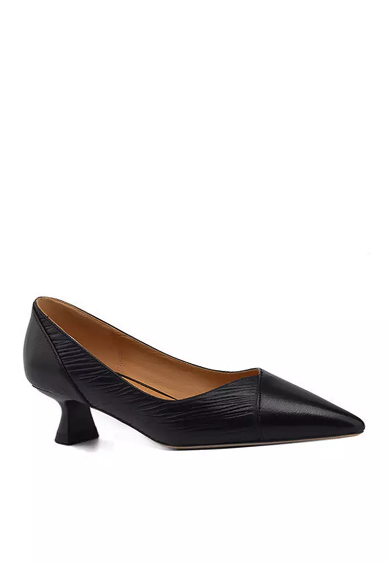 Discount on Twenty Eight Shoes  shoes - SKU: VANSA Sheepskin Paneled Embossed Leather Mid Heel Shoes VSW-H-6977