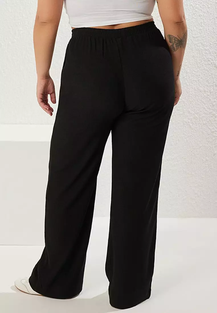 Black High Waist Wide Leg Textured Crepe Fabric Plus Size Trousers TBBSS25AR00002