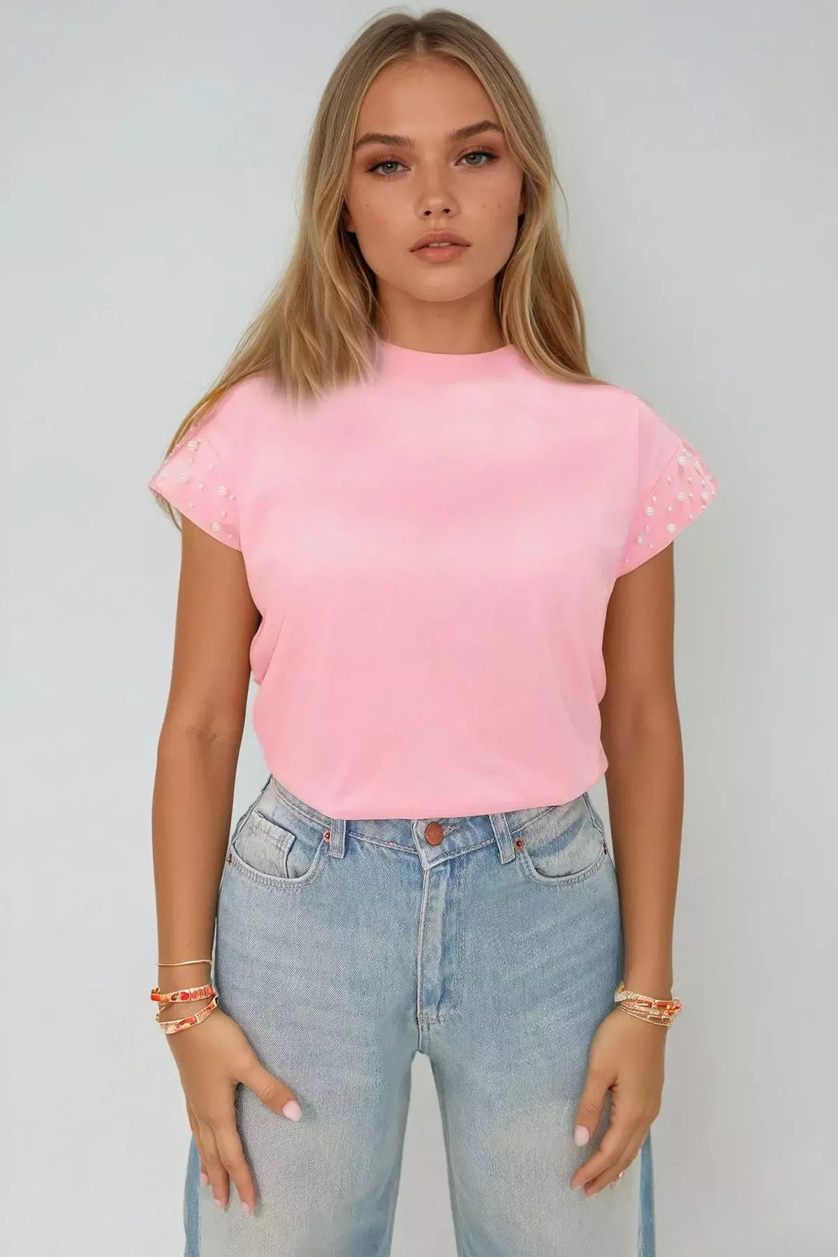 Women's Pink Crew Neck Pearl Studded Sleeveless Blouse