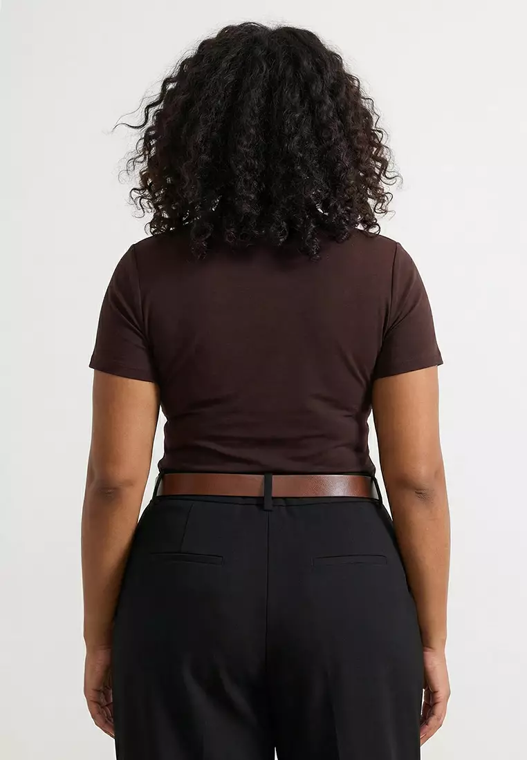 Brown Mock Neck Shirred Sandy Knitted Plus Size Blouse Tbbaw26Af00053