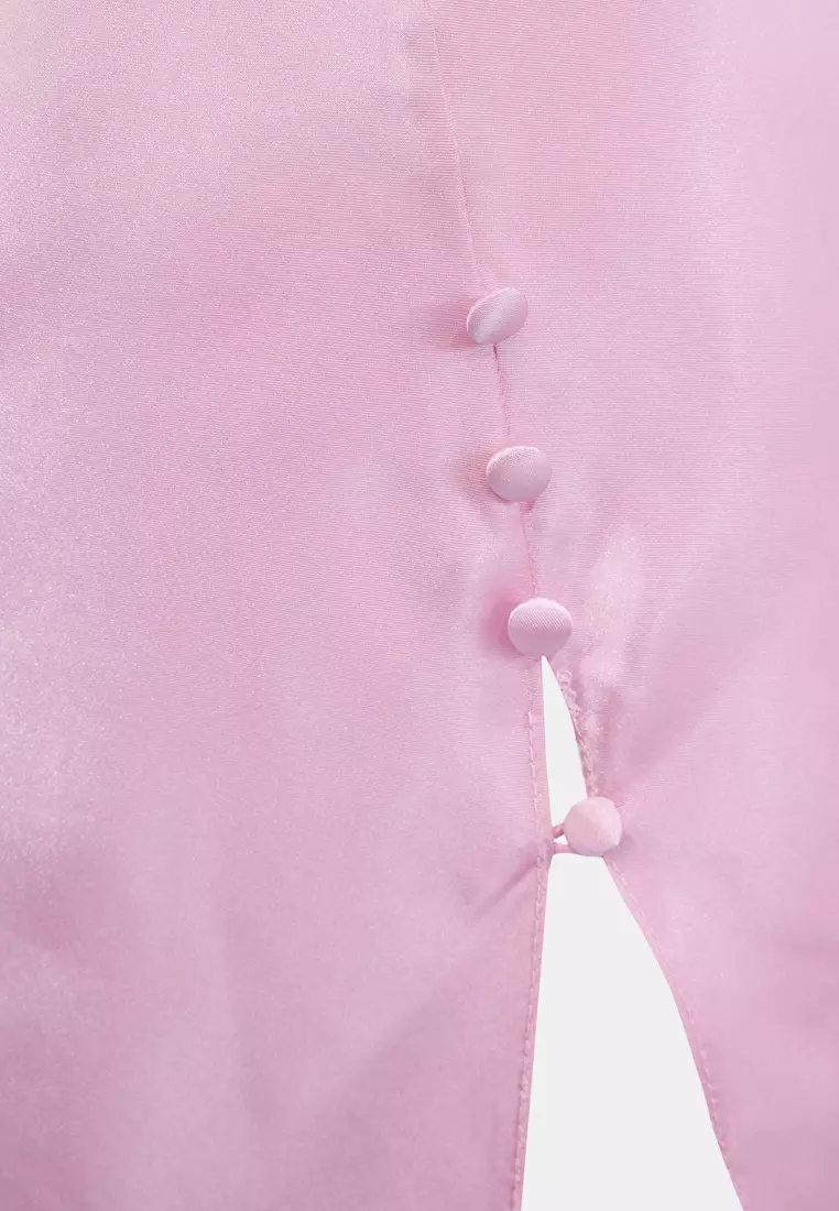 Pink Slit And Button Detailed Strap Satin Woven Nightgown Thmaw26Gc