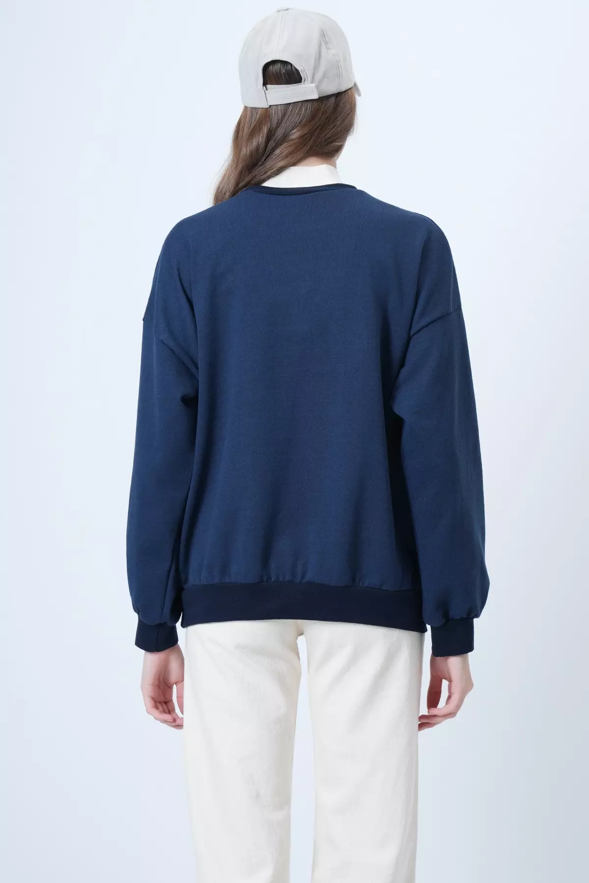 Women'S Navy Blue Front Printed Oversize Cotton Sweatshirt Alc-X14651