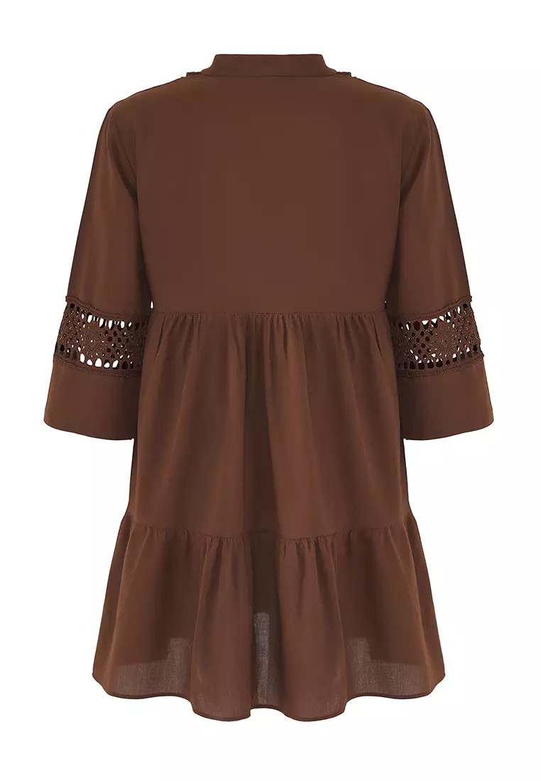 Brown Plain Regular Mini Weaving 100% Cotton Beach Dress TBESS20EL0854