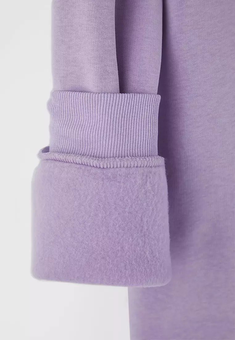 Lilac Hooded Slogan Detailed Fleece Thick Knitted Sweatshirt