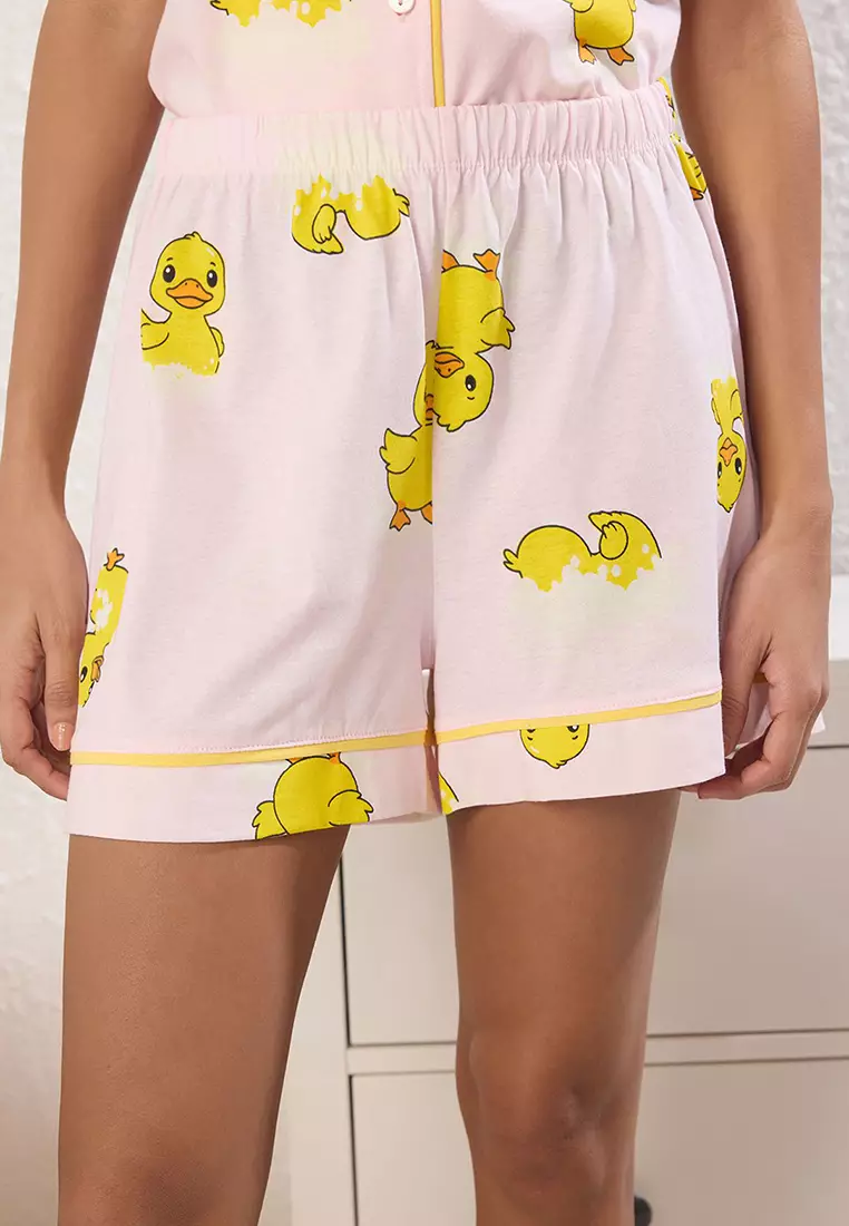Pink 100% Cotton Duck Patterned Piping Shorts Knitted Pajama Set THMSS25PT00300