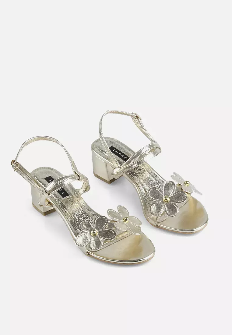 Daisy Block Heels Bunga Metalik Metallic Leather Hak Kotak High Heels Pesta