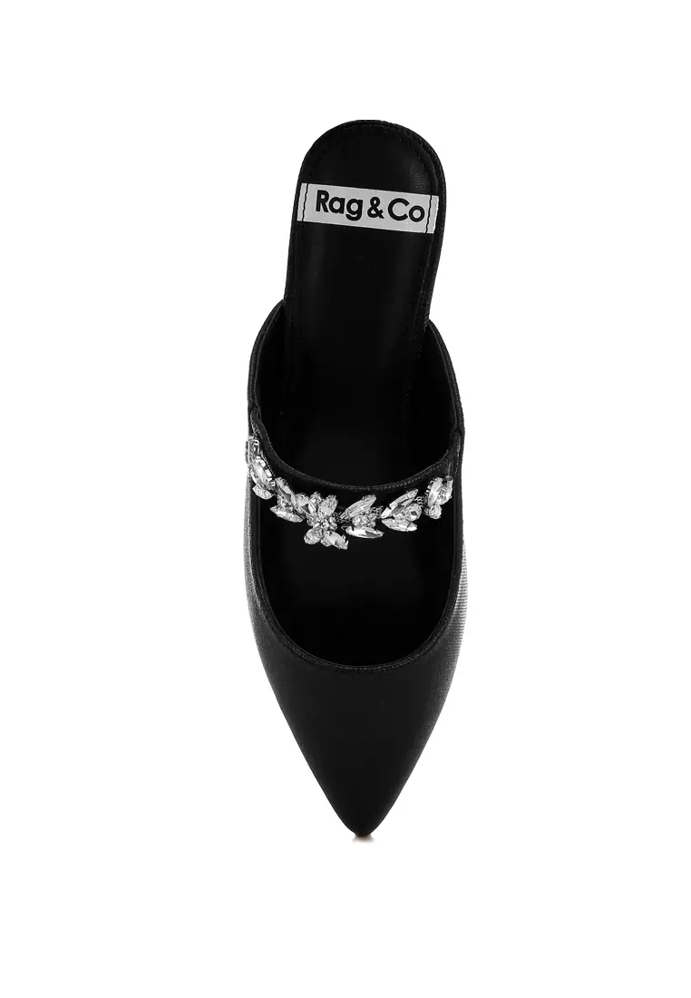 Diamante Strap Glitter Mules in Black