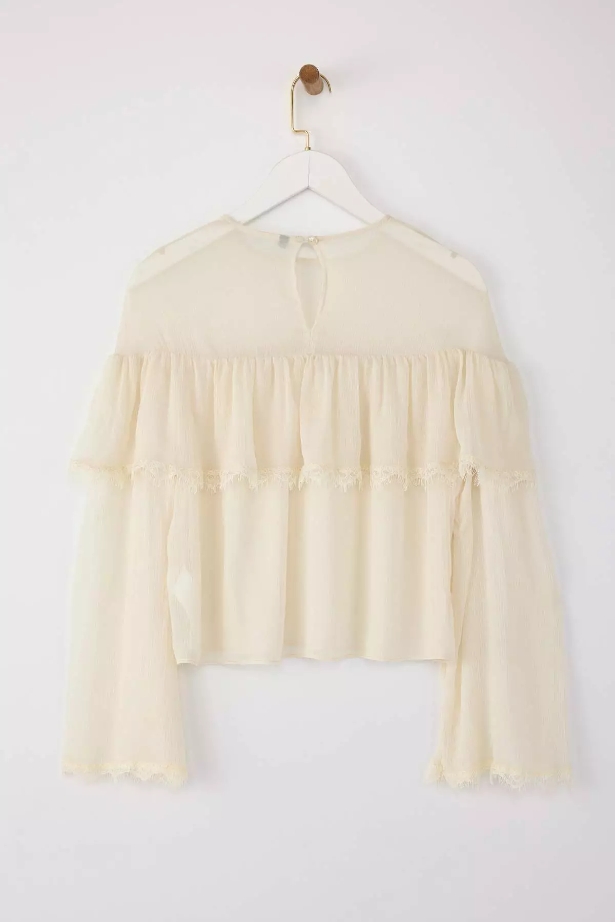 Ecru Chiffon Lace Detailed Crew Neck Blouse