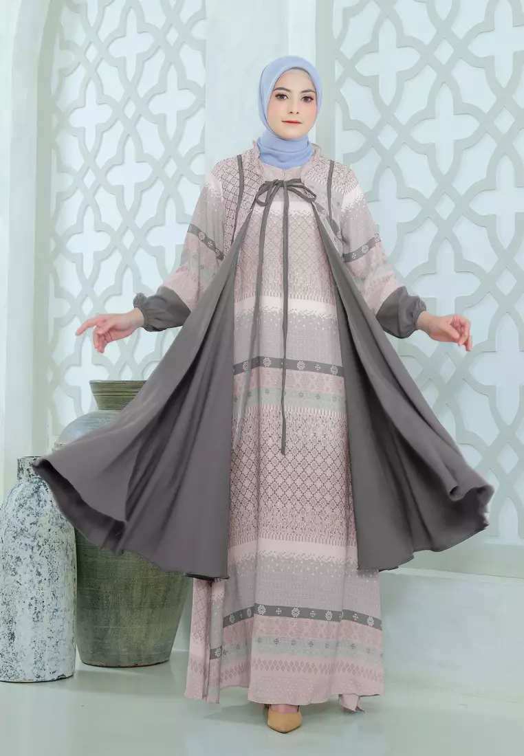 Amavy Maxidress | Gamis Motif Muslimah | Printed Long Dress - Greyish Pink