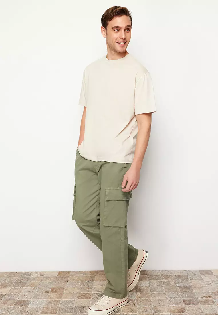 Light Khaki Unisex Regular Fit Elastic Waistband Cargo Pocket Trousers TMNSS24PL00003