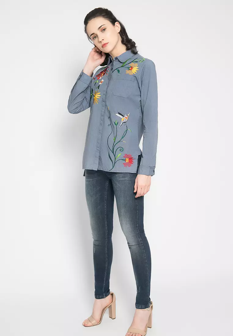 LGS Kemeja Wanita Bordir Bunga Warna Abu LSH.381.O1440L.625.C