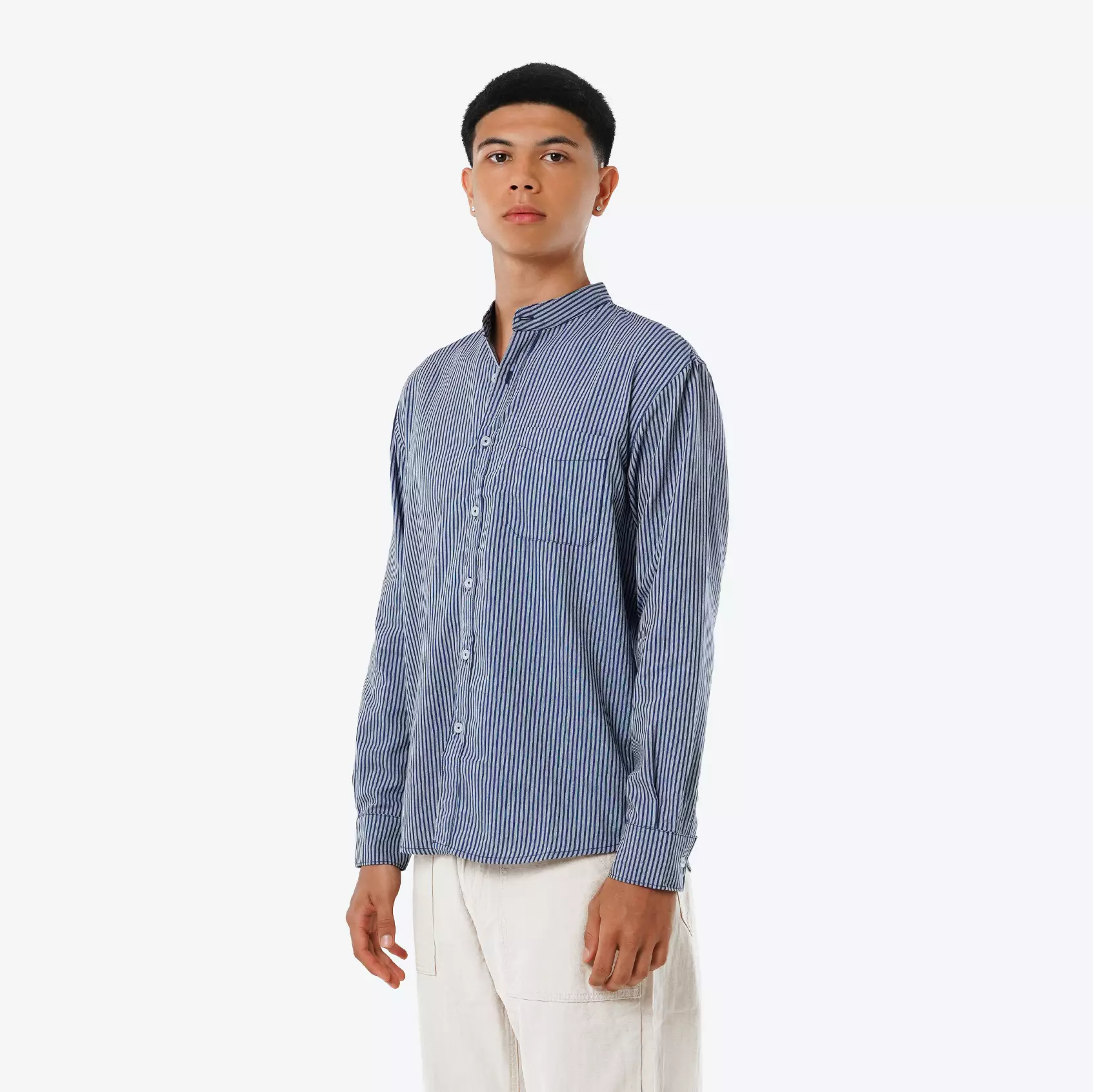 CELCIUS Round Colar Linen Kemeja Stripes LIN001762C Navy