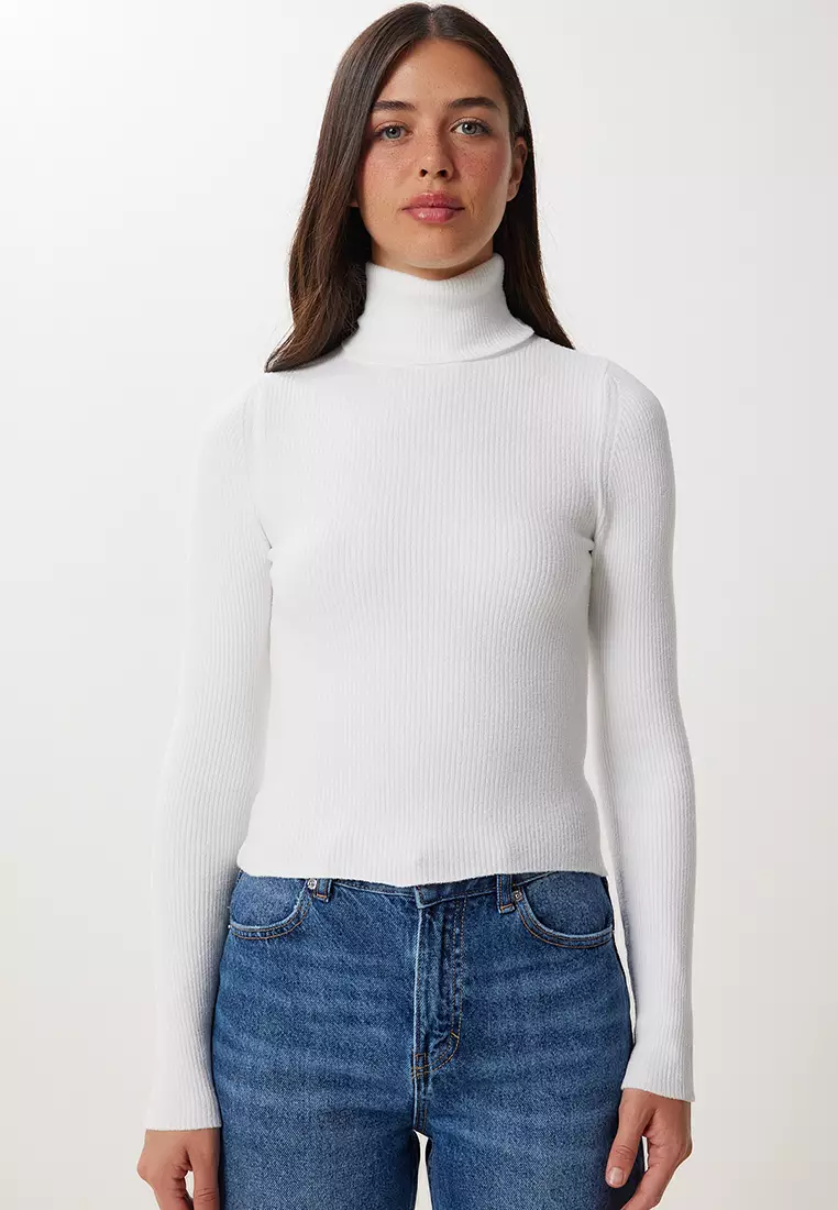 Women's White Turtleneck Stretchy Ribbed Sweater Ns00460