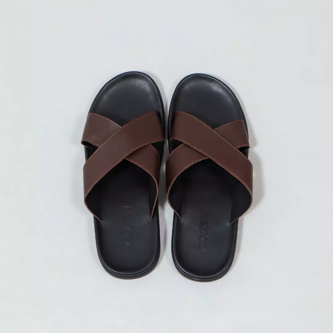 Sendal Slop Pria Kulit Cogen Sandal Kokop Tali Cowok Classic Brown