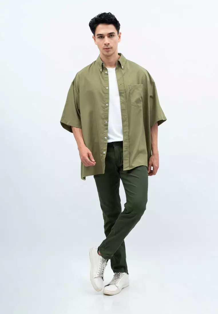 Houseofcuff Kemeja Oversize Jumbo Lengan Pendek Pria Unisex Olive