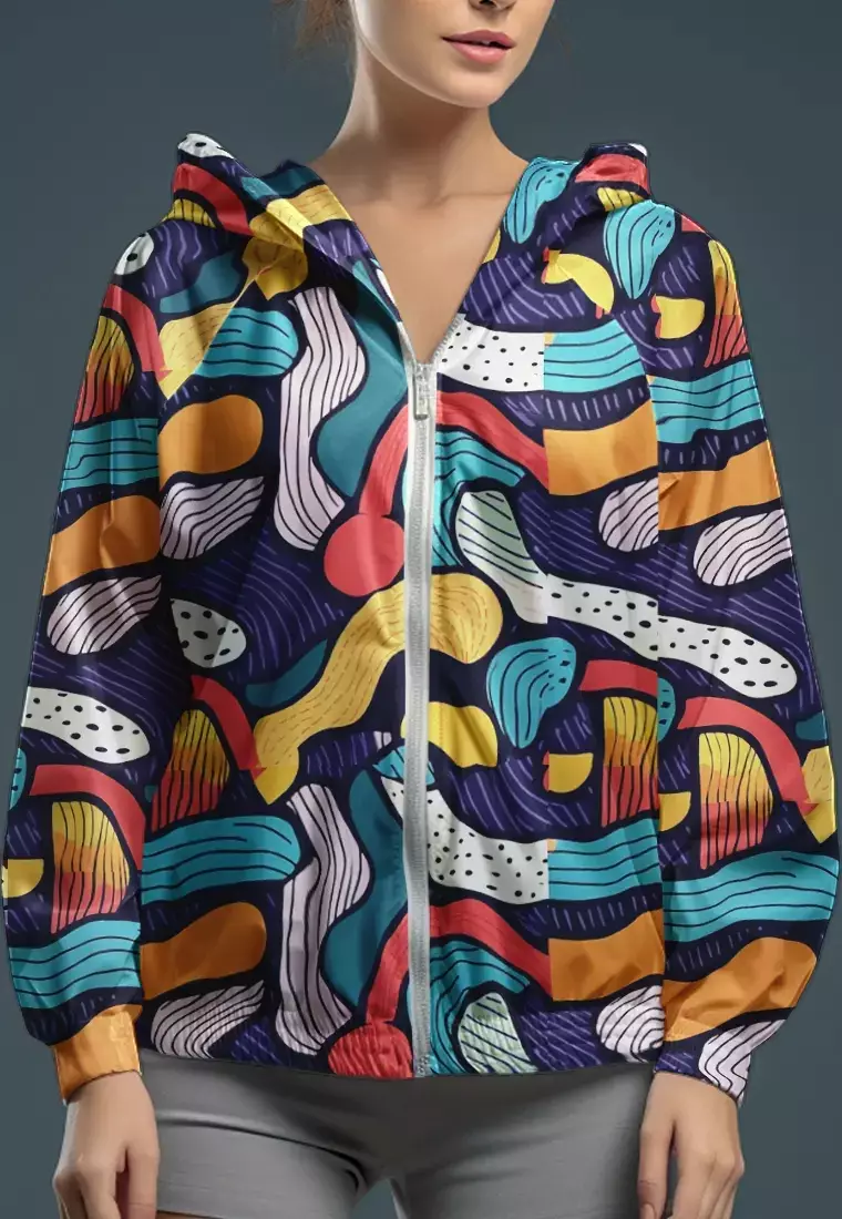 LSC85 CJK Jaket Olahraga Parasut Wanita Waterproof Motif "snake ladder" warna warni