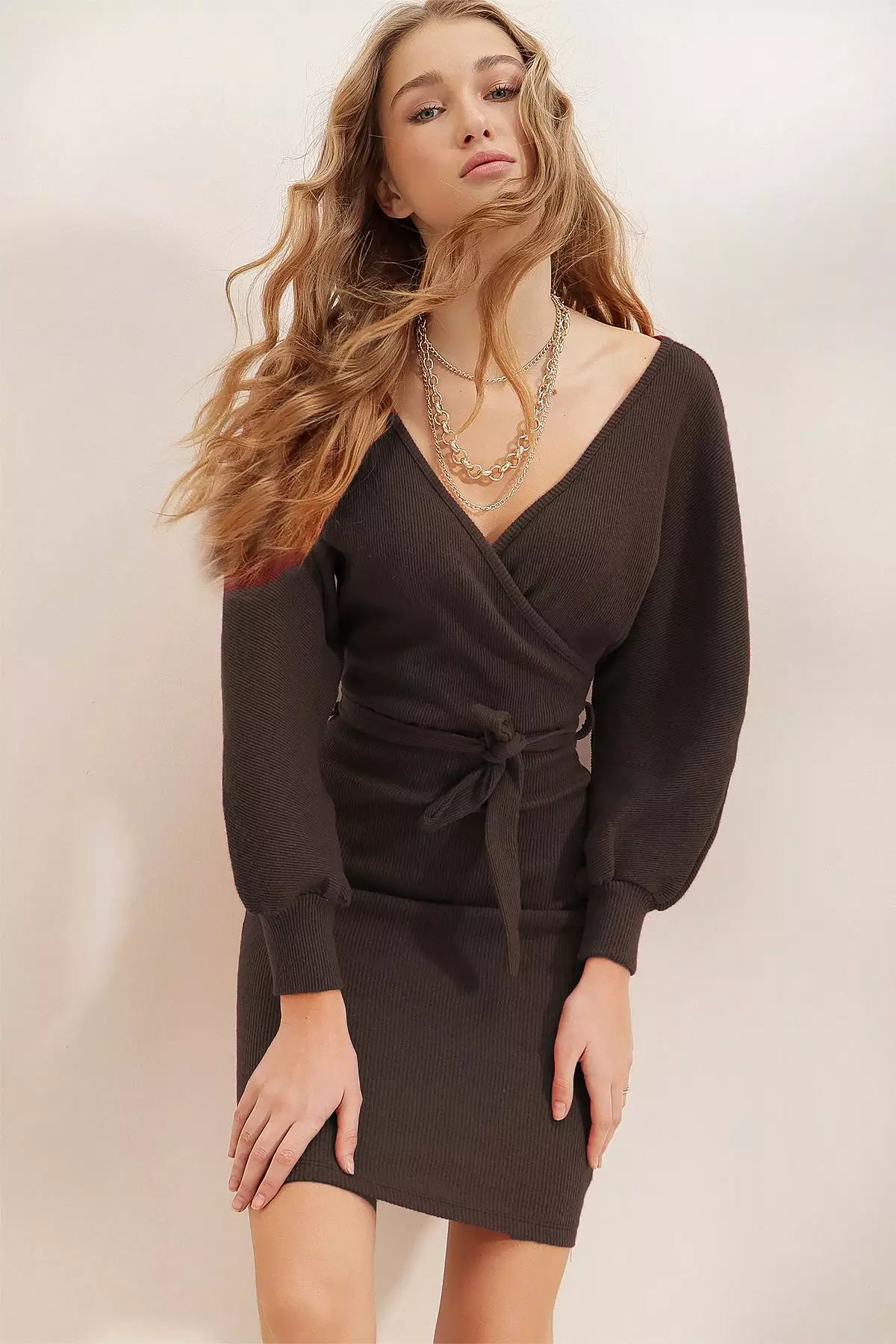 Women's Brown Double Breasted Batwing Sleeve Waist Belted Camisole Dress