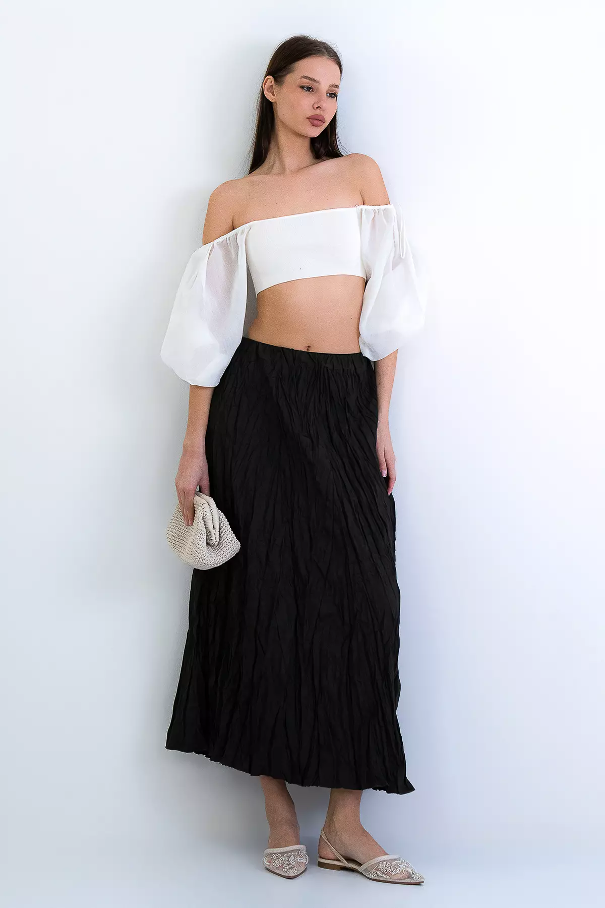 Khaki Soft Crush Textured Midi Skirt Alc-X15225