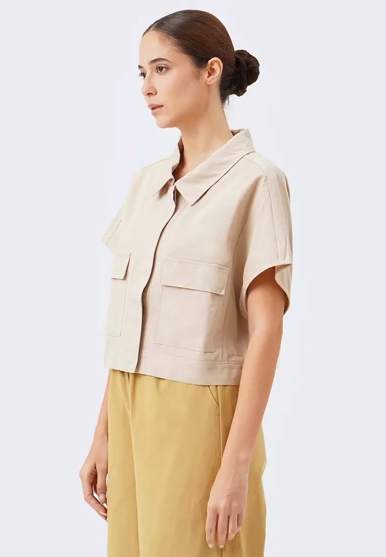 Women's Boxy Boat Neck Woven Top with Pocket