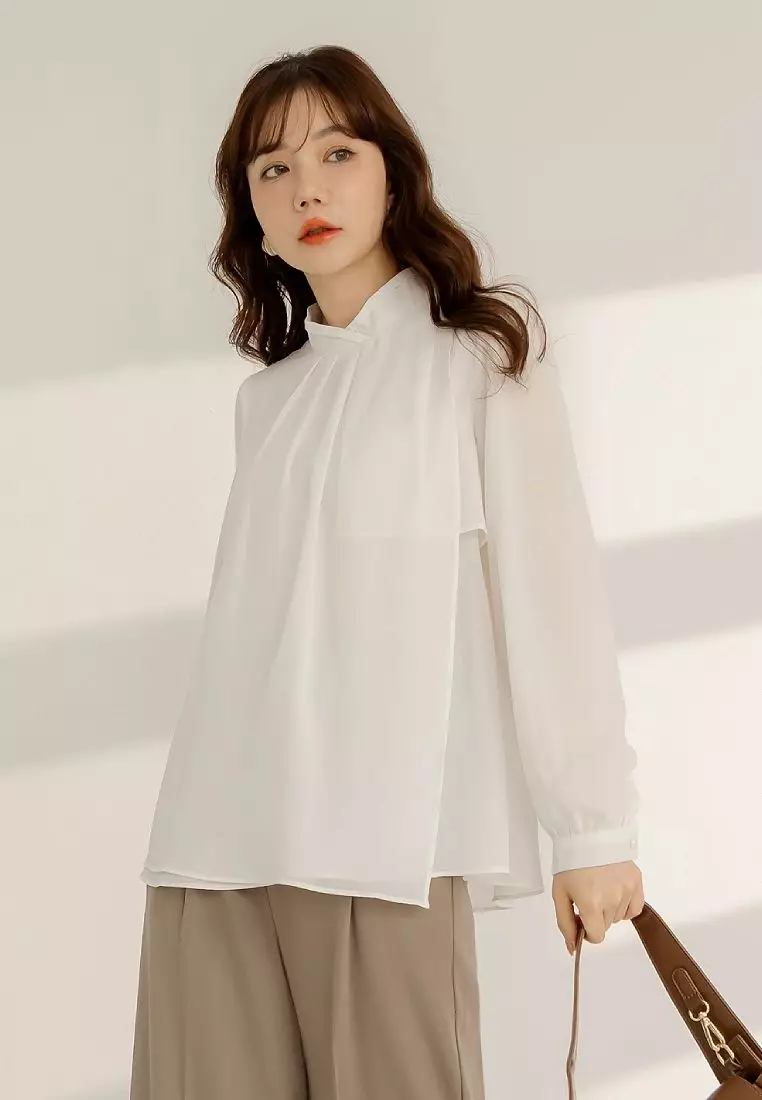 Pleated High-Neck Puff Sleeve Long Sleeve Blouse [AB19778]