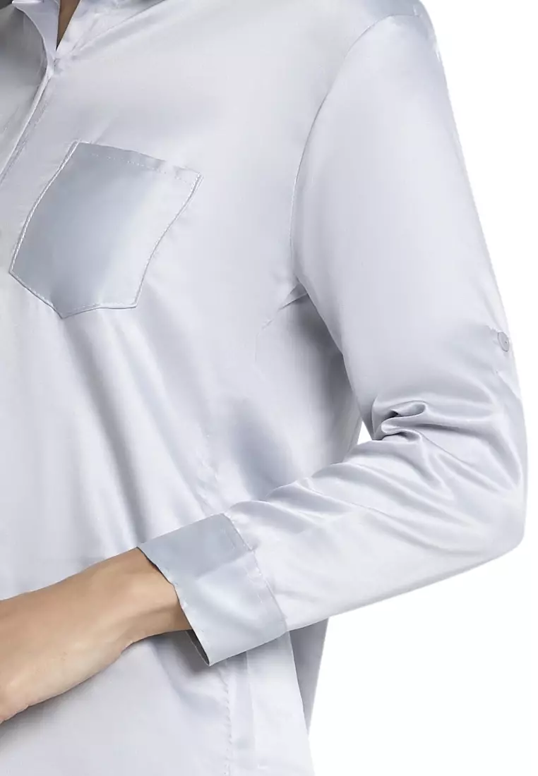 Uchenna Kemeja Lengan Panjang Shirt Plain Atasan Wanita Baju Kerja Regular Fit - Abu Muda
