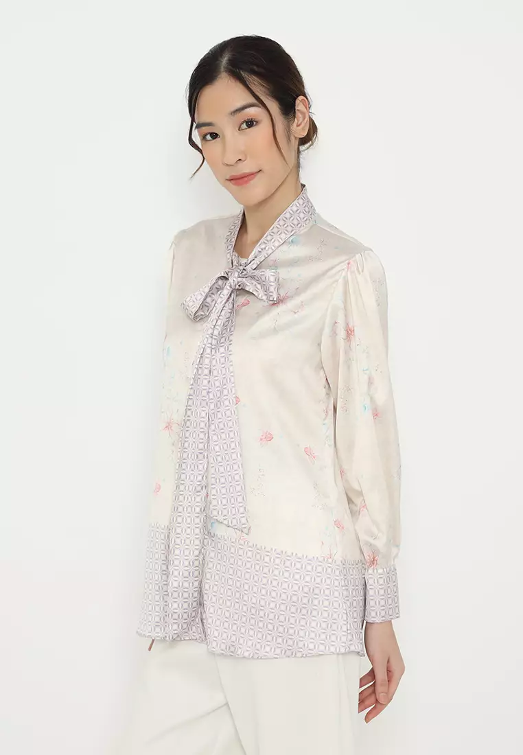 Monogram Blouse With Tape Detail Korean Look In Cream By Brilliant Girl Warna CREAM